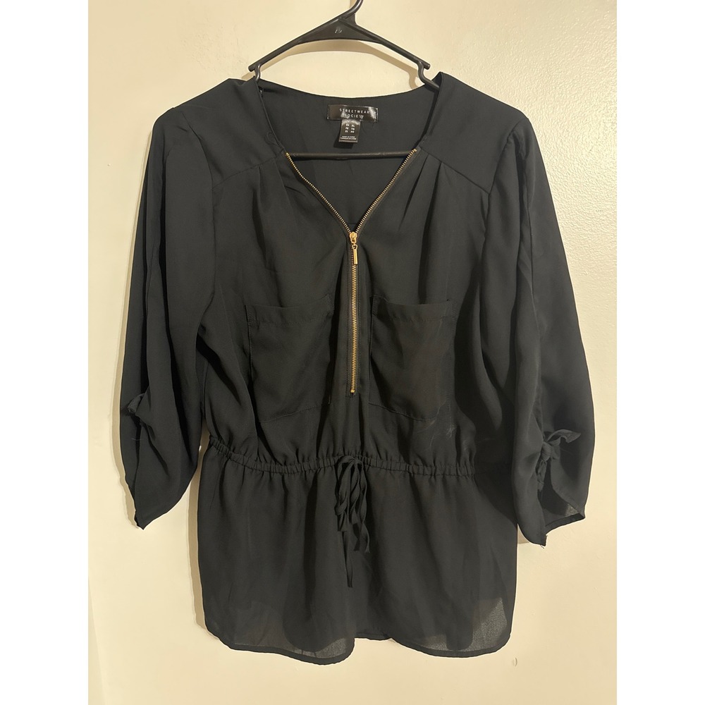 Streetwear Society Black Zip Front Cinched Waist Blouse 3/4 Tie Sleeve XL